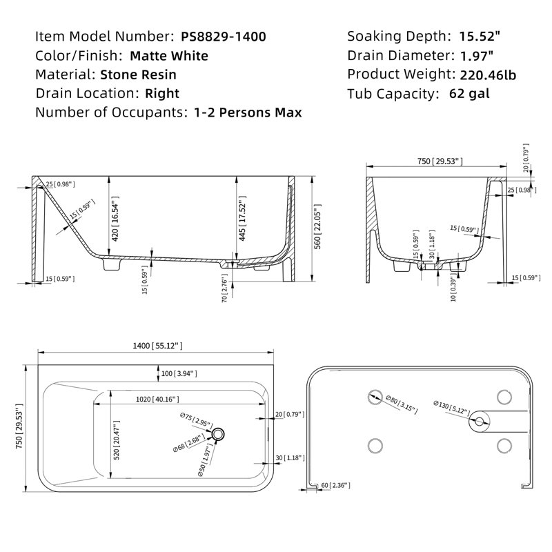 55" Rectangular Back To Wall Freestanding Soaking Solid Surface Bathtub, Matte White Stone Resin Bath Tub With Overflow & Pop-up Drain For Bathroom