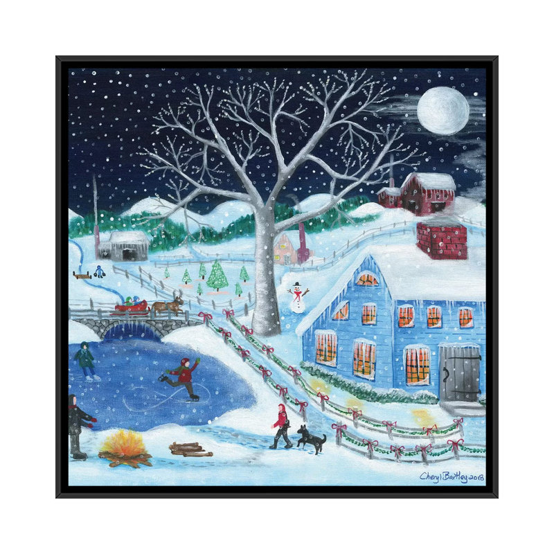 Impression d’art graphique, "Ice skating’par Old Farm par Cheryl Bartley, H 18 po x l 18 po x 1,5 po, Toile avec cadre noir