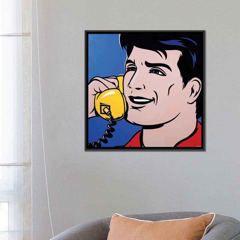 « man on phone », impression sur toile, H 18 po x l 18 po x P 1,5 po, Toile avec cadre noir, Pas de tapis