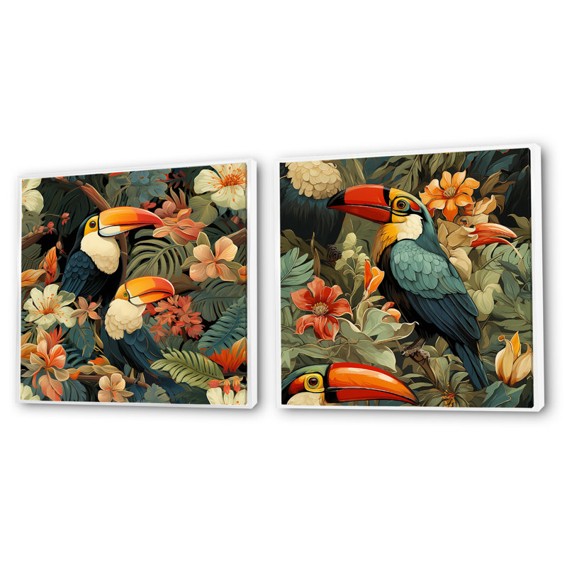 Toucan tapisserie motif tropical - ensemble de 2 collages carrés tropicaux, H 16 po x l 33 po, Cadre flottant blanc