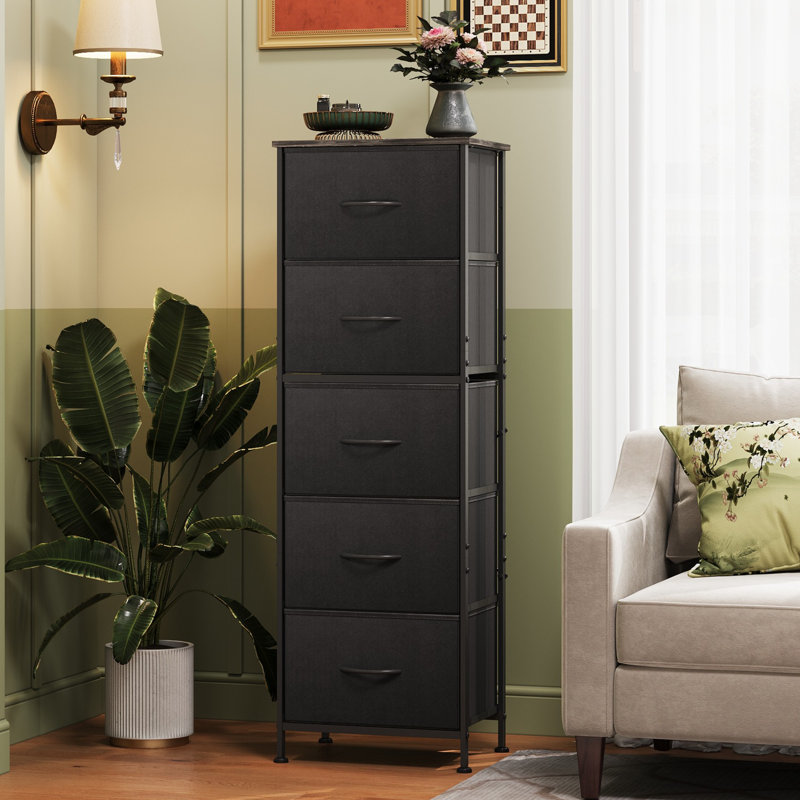 Commode verticale à 5 tiroirs avec plateau en bois Ojaswi pour chambre à coucher, commode avec structure en acier Strudy pour petit espace, tour de rangement pour placard, couloir