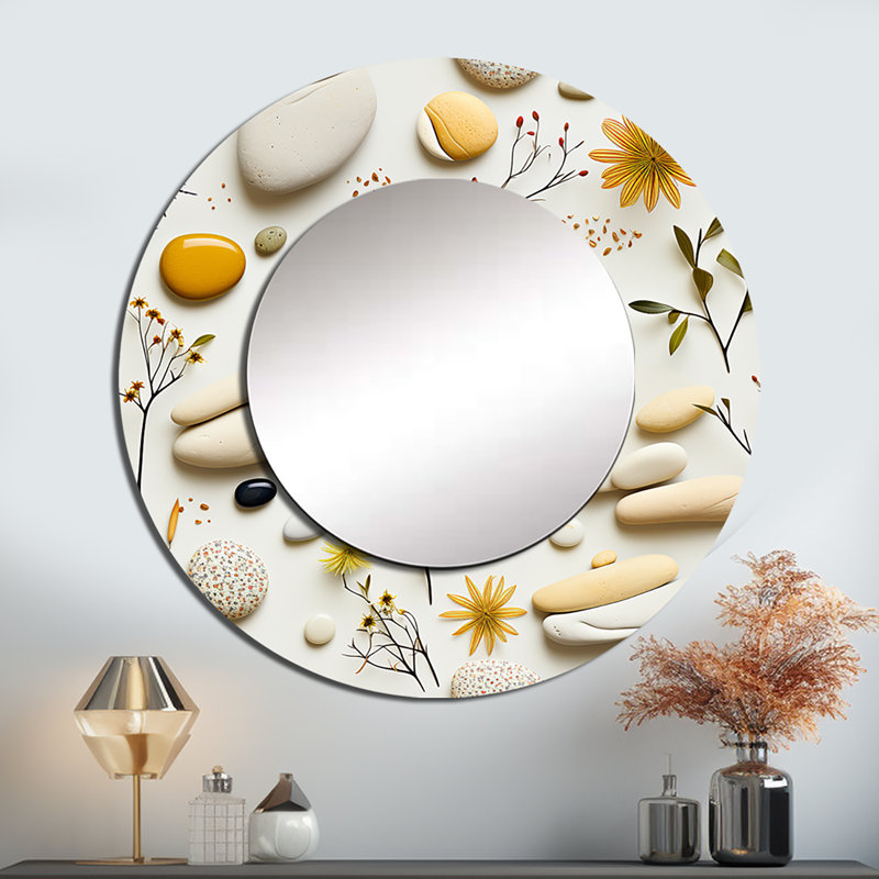 Motif zen serein de pierres pour spa - miroir décoratif botanique, miroir mural rond jaune, impression d'art en métal