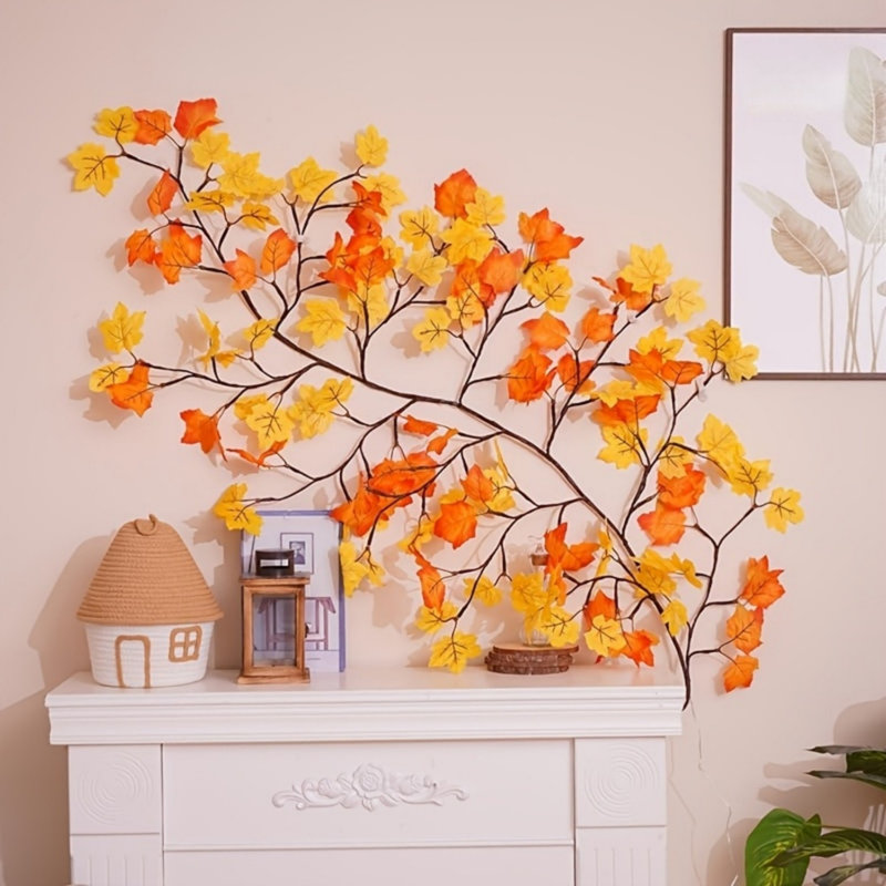Feuilles d'érable, lumières de vigne de saule enchantées, 3,9 pi / 48 lumières DEL de couleur d'érable à 2 branches pour mur, minuterie à distance, modèle 8 lumières, portes de chambre à coucher mariage, Noël (3,9 pi / 48 DEL)