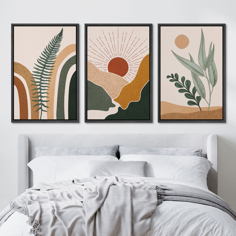 Mid Century Modern Boho Sun Forest Plant - 3 Piece Floater Frame Graphic Art Set on Canvas, Black, 24" H x 48" W x 1.5" D