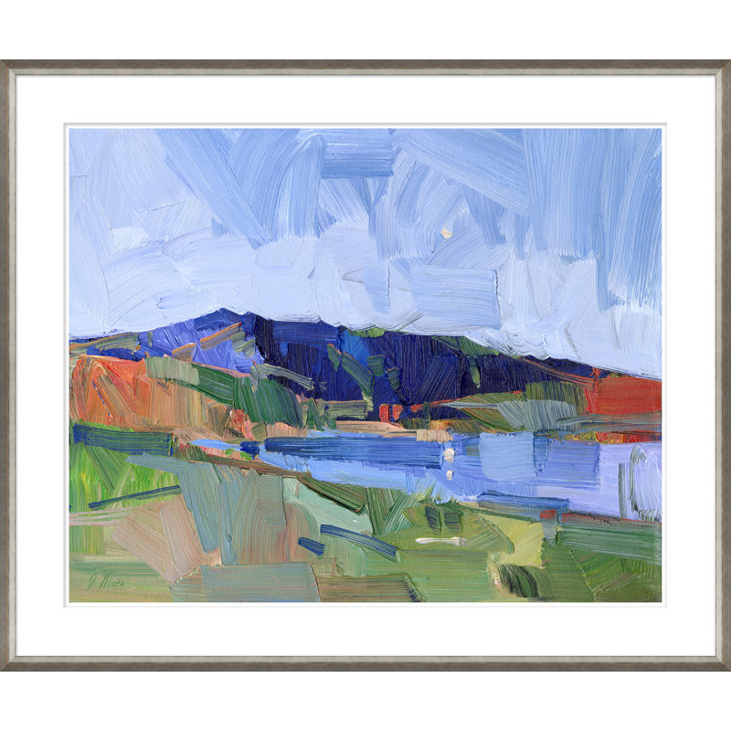 Lakeside Landscape Painting by Joseph Mota, Silver Framed Paper, 31" H x 37" W