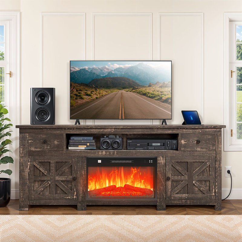 70" Farmhouse Style Media Center Media Console Media TV Stand  with 23" Electric Fireplace, Gray Wood