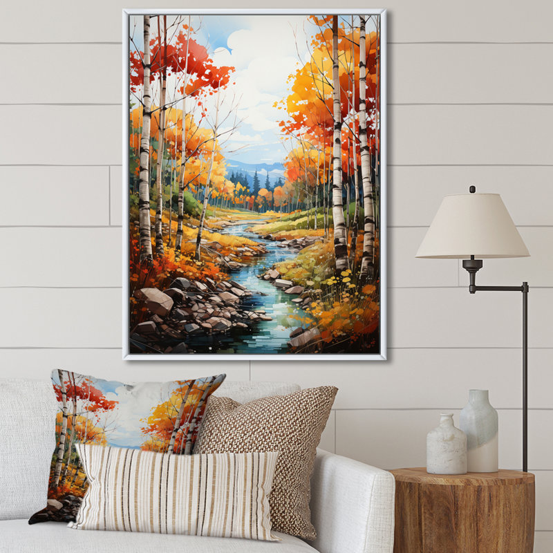 Catarzi Birch Woods Autumn Harmony I, reproduction d'art sur toile, H 32 po x l 16 po x P 1 po, Cadre flottant blanc