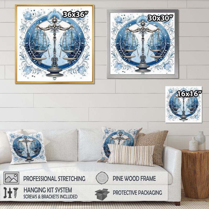 Balance signe astrologique II - astrologie murale, Cadre flottant blanc, H 24 po x l 24 po x P 1 po