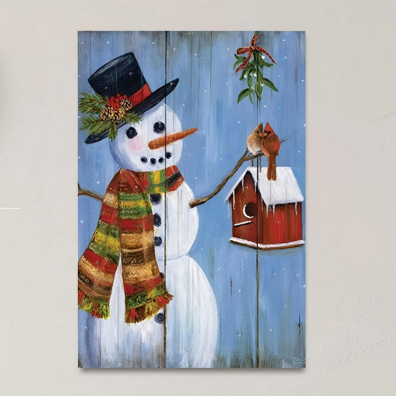 Art mural en toile 24 "x 36" bonhomme de neige et cardinaux