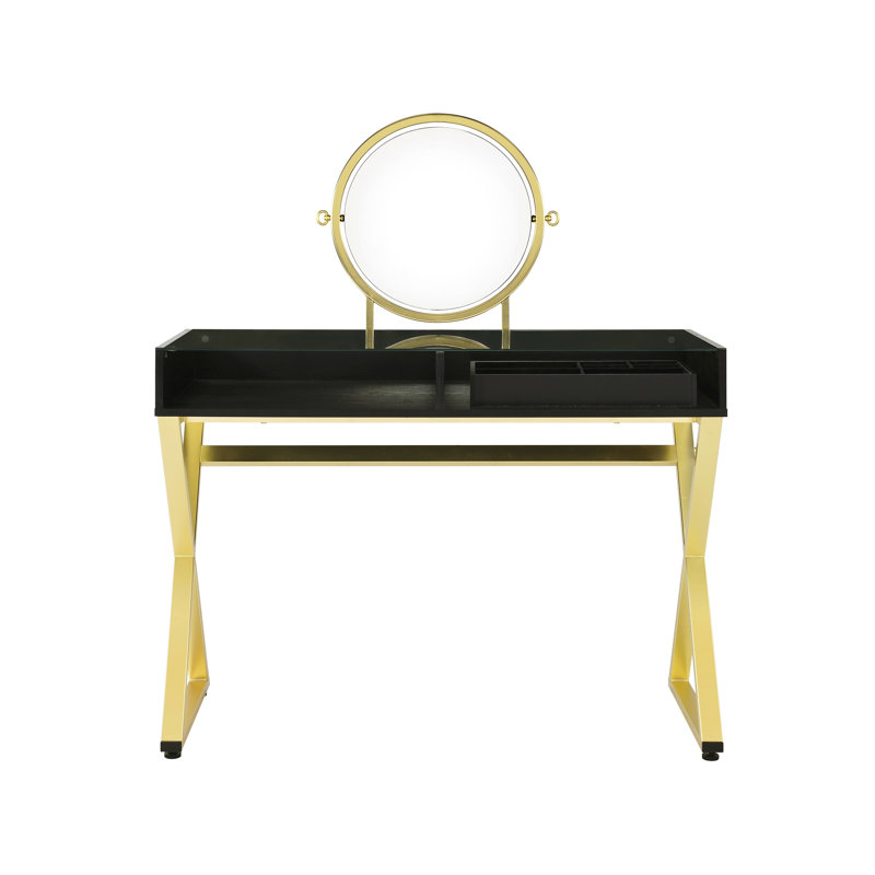 Rectangular Black & Gold Finish Vanity Desk With Mirror, Jewelry Tray, Metal Frame And 2 Storage Compartments, 42W X 19D Character Aspect In Tone, Frame, Tray Drawers, 19 Inches Deep Ratio