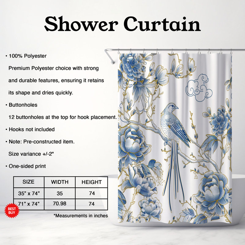 Rideau de douche 1 pièce Bird, H 74 po x l 71 po