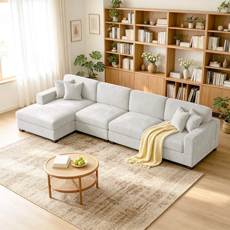 4 - Piece Upholstered Offwhite Chenille Modular Sectional Sofa with Armrests & Throw Pillows, Left Hand Facing
