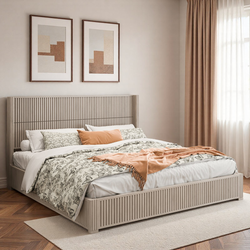 Lit plateforme en bois avec décoration grain de bois vertical, Beige, Très grand lit