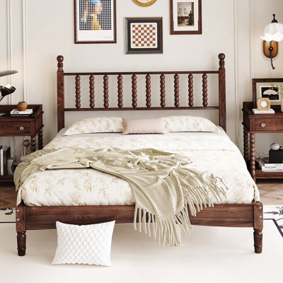 Grand lit plateforme en bois avec tête de lit en forme de gourde, lit plateforme de style rétro avec support en lattes de bois