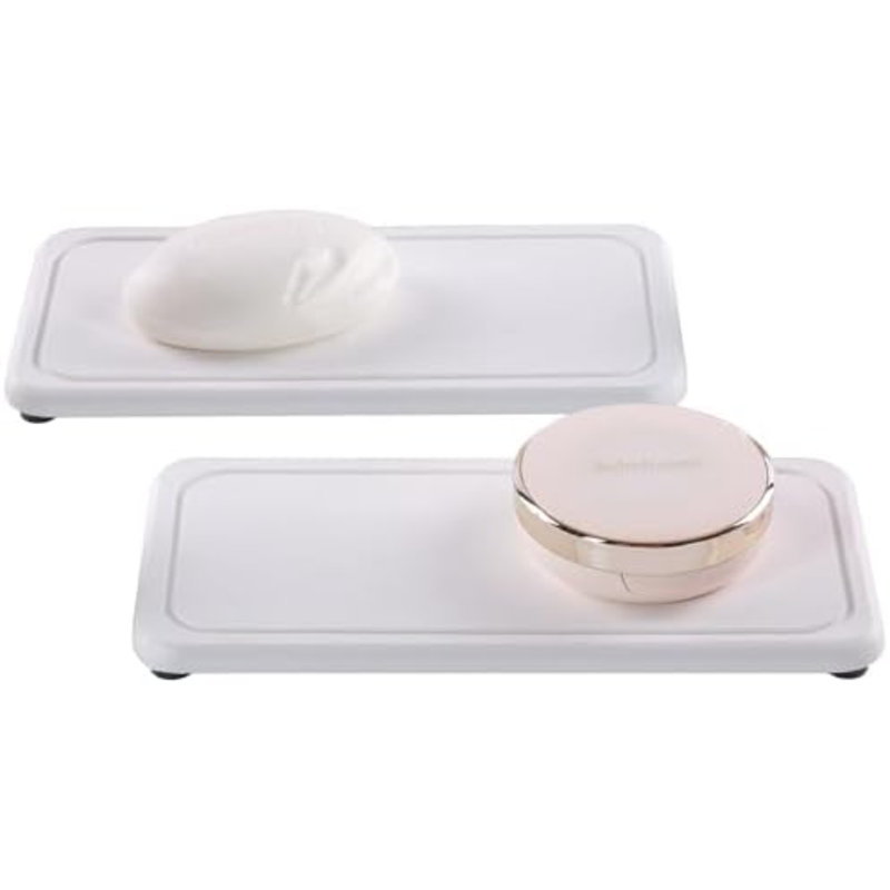2 Pcs Water Absorbing Stone Trays, Kitchen/Bathroom Sink Soap Dish, Diatomite Tray Used For Hand Soap & Cosmetic Bottles In The Modern Home, 4" W X 8.3" L, White