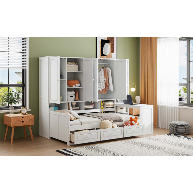 Lit de jour en bois avec trois tiroirs, armoire tout-en-un, bureau et tablettes, Lit simple, Blanc
