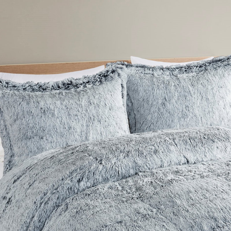 Édredon simple / simple TG avec fourrure à poils longs gris - rembourré, doux, inclus et 2 taies décoratives, crée une atmosphère de chambre à coucher relaxante