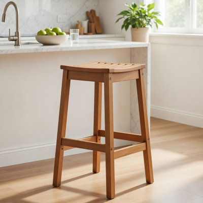 Heno Outdoor Bar Height Stool, Saddle Seat, Honey Brown Eucalyptus Wood