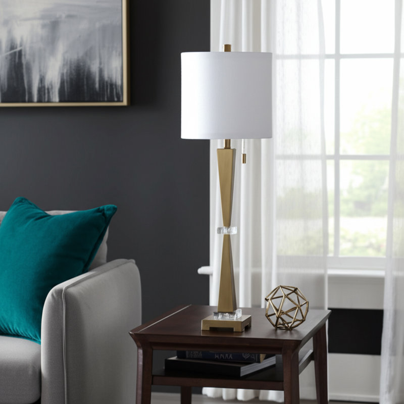 Tapered Tall Metal Table Lamp with Crystal Accents for Living Room - Modern Small Accent Lamp for Bedroom, Bedside or Desk Lighting - 37", Gold & White