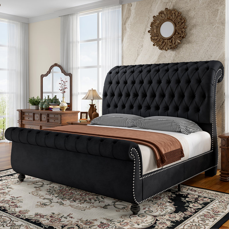 Queen Upholstered Wingback Sleigh Bed with Deep Button Tufting and Nailhead Trim, Black