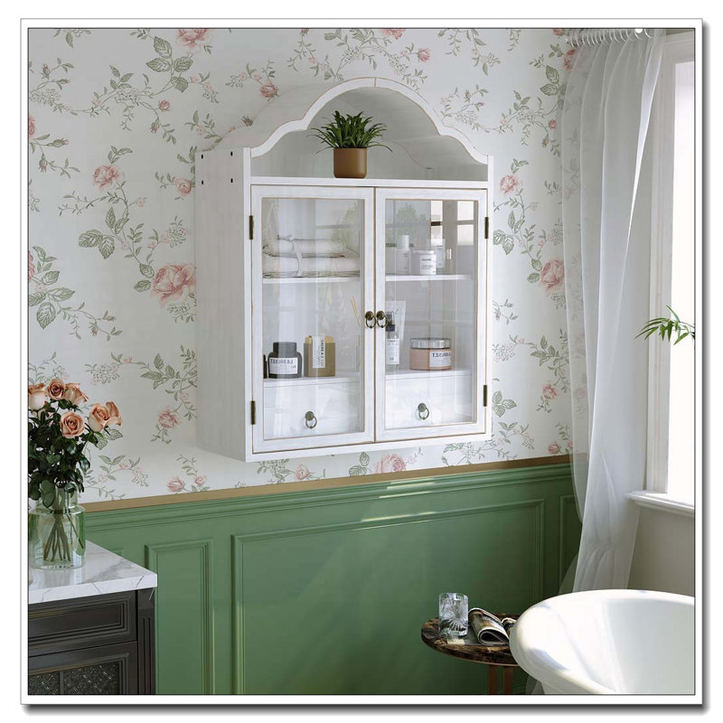 Solid Wood Wall Cabinet with Elegant Wave, White