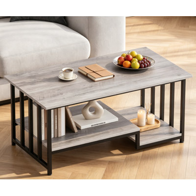 Table basse de ferme 39 po à 2 niveaux avec rangement, table de bout rectangulaire rustique en bois pour le salon, petit espace, facile à assembler, gris délavé