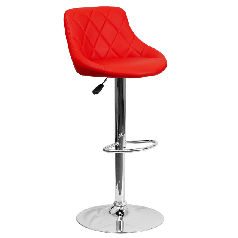 Hilia Vinyl Bucket Seat Adjustable Height Barstool with Diamond Pattern Back, Red