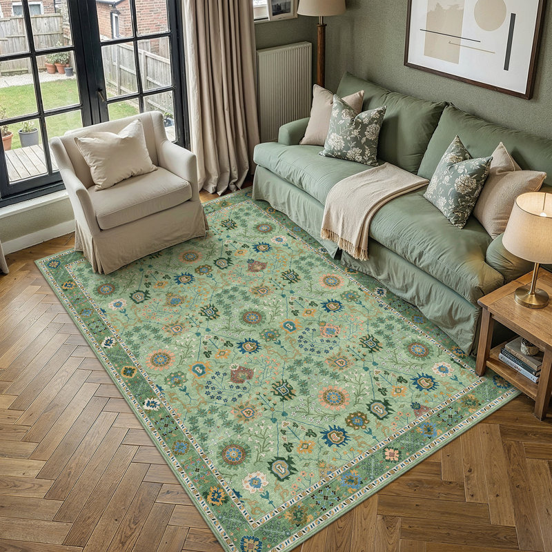 Tapis botanique rétro lavable à la machine avec envers antidérapant vert Elyra, Vert, Rectangle 6 pi x 9 pi