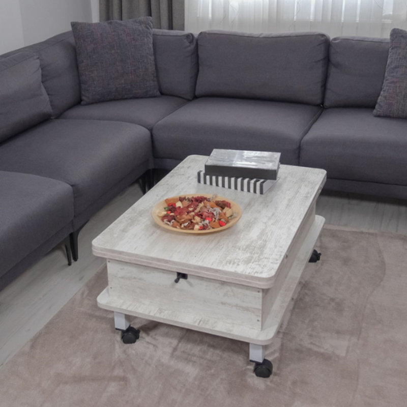 Table basse à roulettes avec rangement Lift-Top, Blanc antique
