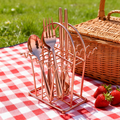 Ensemble de couverts 24 pièces en acier inoxydable avec support de rangement, ensemble de couverts à finition miroir or rose comprenant couteaux de table, fourchettes, cuillères et cuillères à café, service pour 6