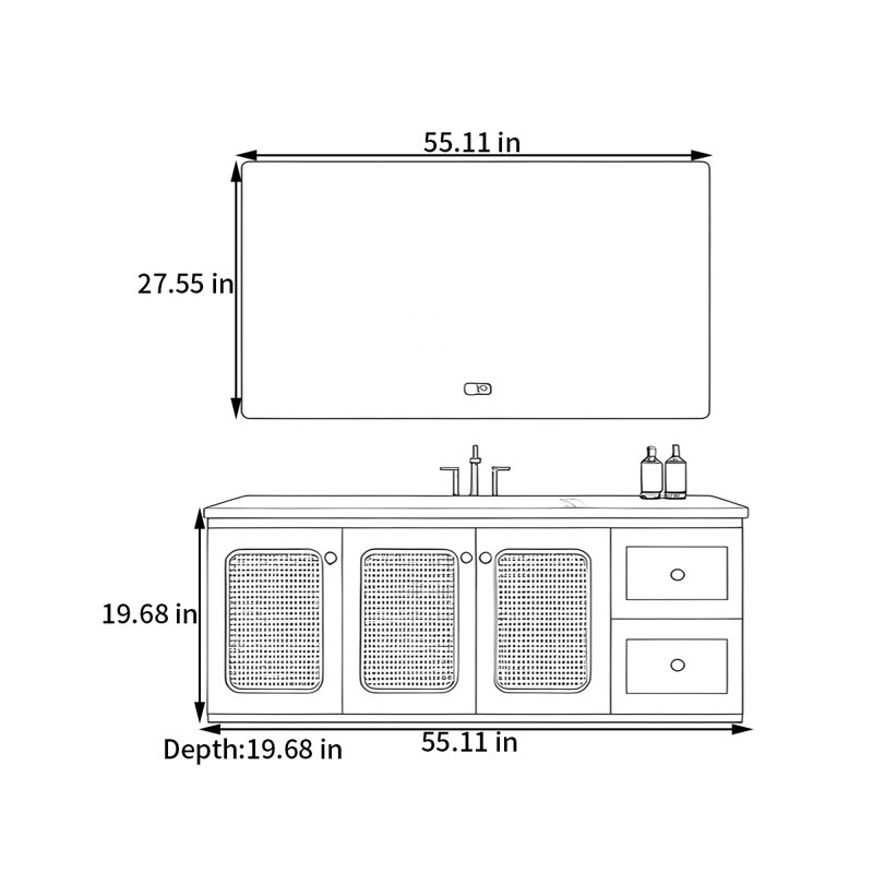 Armoire de salle de bain en rotin de style français rétro, H 19,68 po x l 55,11 po x P 19,68 po
