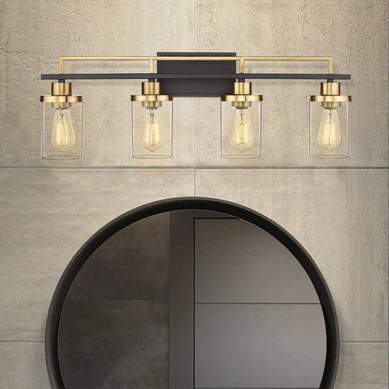 Éclairage pour salle de bain 2 lumières avec verre transparent de style maison de campagne, 4, Noir mat / Or