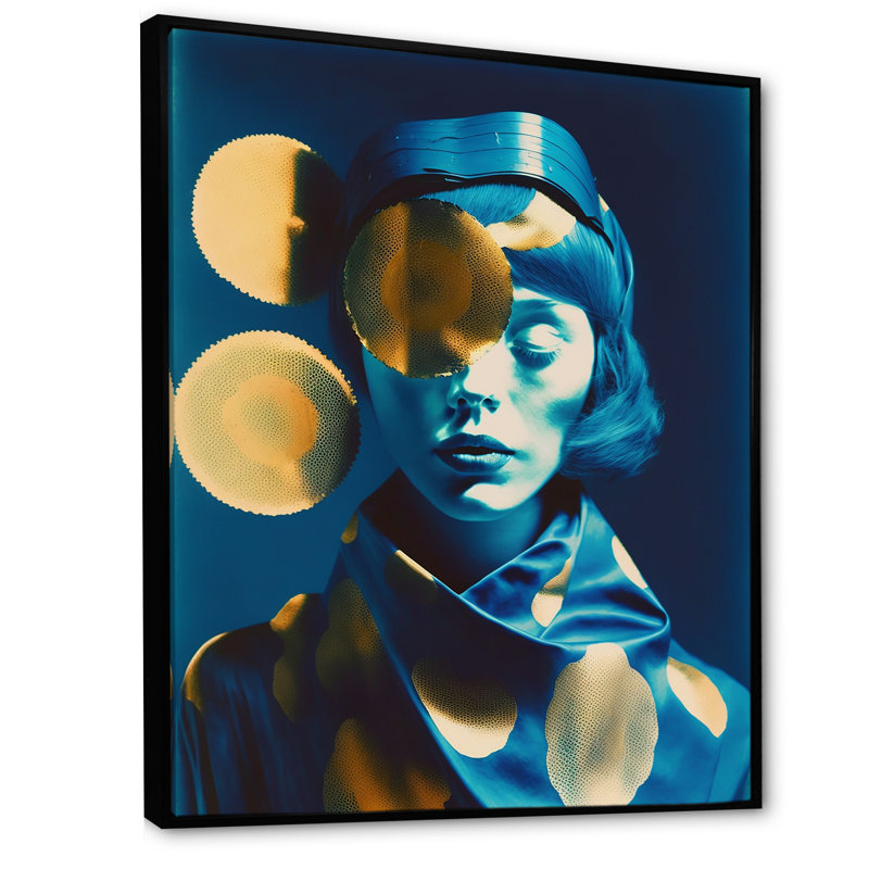 Earvin Avant Garde, modèle en or et bleu rétro sur toile, H 40 po x l 30 po x P 1,5 po, Cadre flottant noir