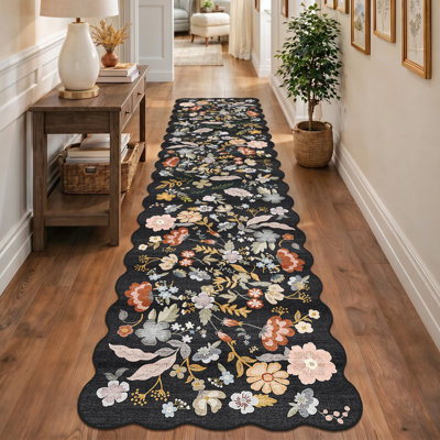 Tapis de couloir lavable: Tapis festif extra-long à motif floral festonné antidérapant pour l'entrée