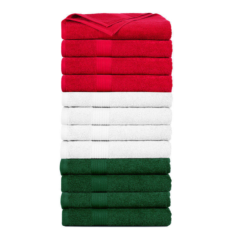 Serviette 100% coton 600 g / m² 18 x 28 po, Blanc / Rouge / Vert, Hand Towels- 12 Pack