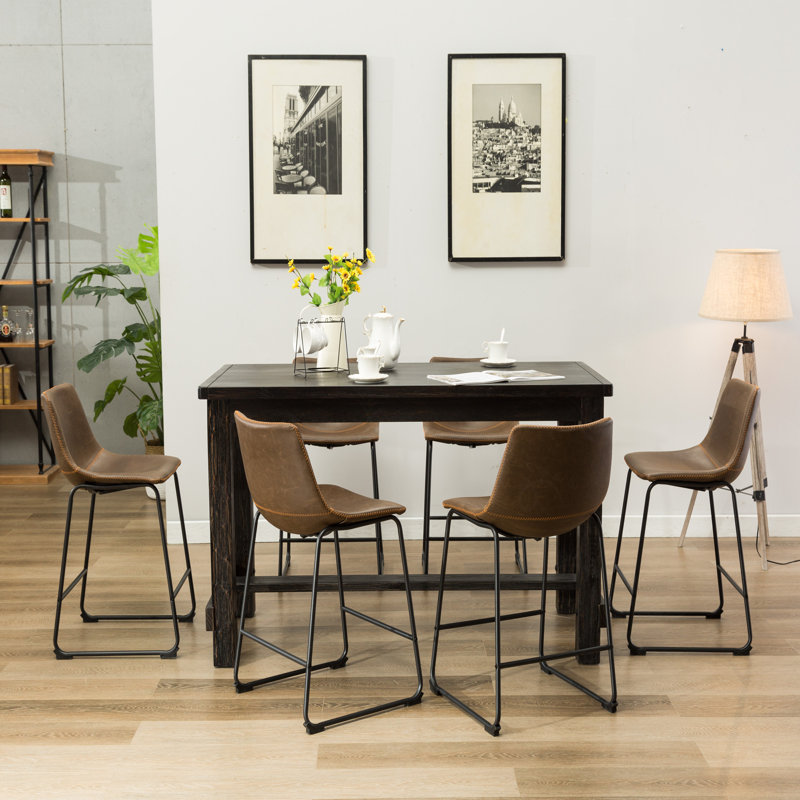 Industrial Counter Height Dining Set, Weathered Wood Table & PU Leather Chairs, Metal Frame, Brown, 7