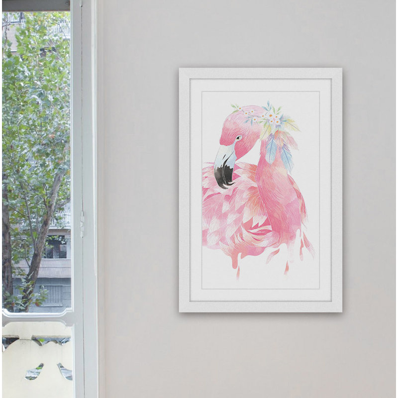 Flamant rose-imprimé de cadre photo sur papier, H 24 po x l 16 po x P 1,5 po, Cadre blanc