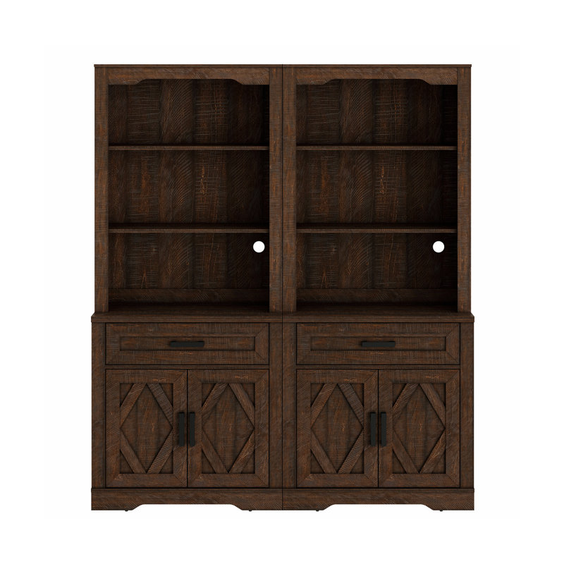Laziza 5 Tier Bookcase With Barn Door,73.3" Tall Open Storage Bookshelf,Floor Standing Farmhouse Display Organizer With Drawer For Home Office,Living Room