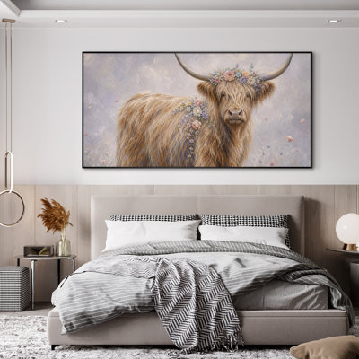 Très grand reproduction d'art sur toile - Portrait de vache Highland brun - Décoration de salon rustique - «Assemblage requis du cadre (cadre non fini)»