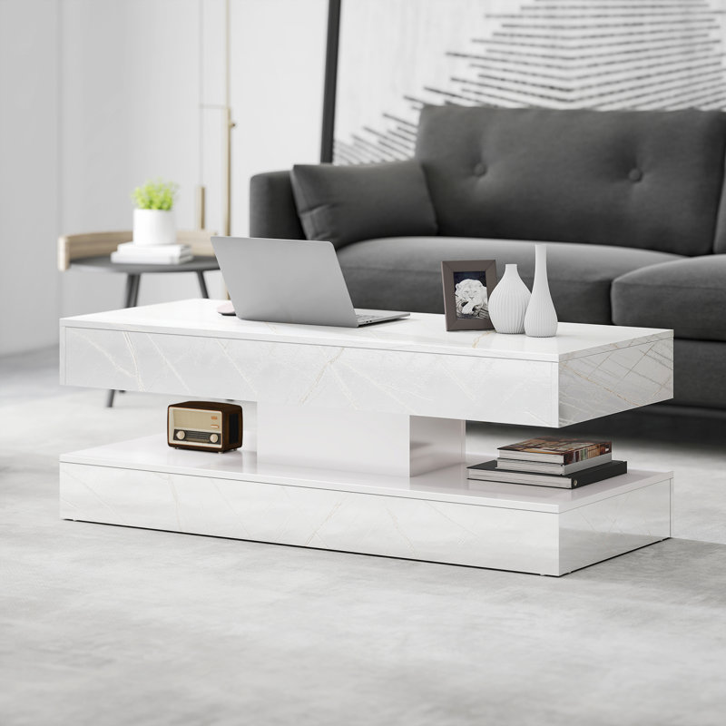 Table basse à effet marbre avec lumière DEL, table centrale, blanc, Blanc