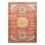 Distressed Homage Hand Knotted Wool Floral Area Rug in Red, Beige, Blue, Gold