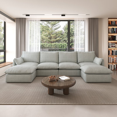 124" U-Shaped Cloud Couch, Linen Blend Spill-Proof Fabric Cloud Sectional Couches For Living Room, Convertible Modular Sectional Sofa With Deep Seats & High-Back, Removable Washable Sofa Covers