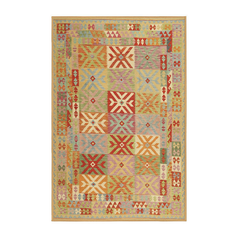 Tapis contemporain orange / jaune / vert, Rectangle 2 pi x 4 pi