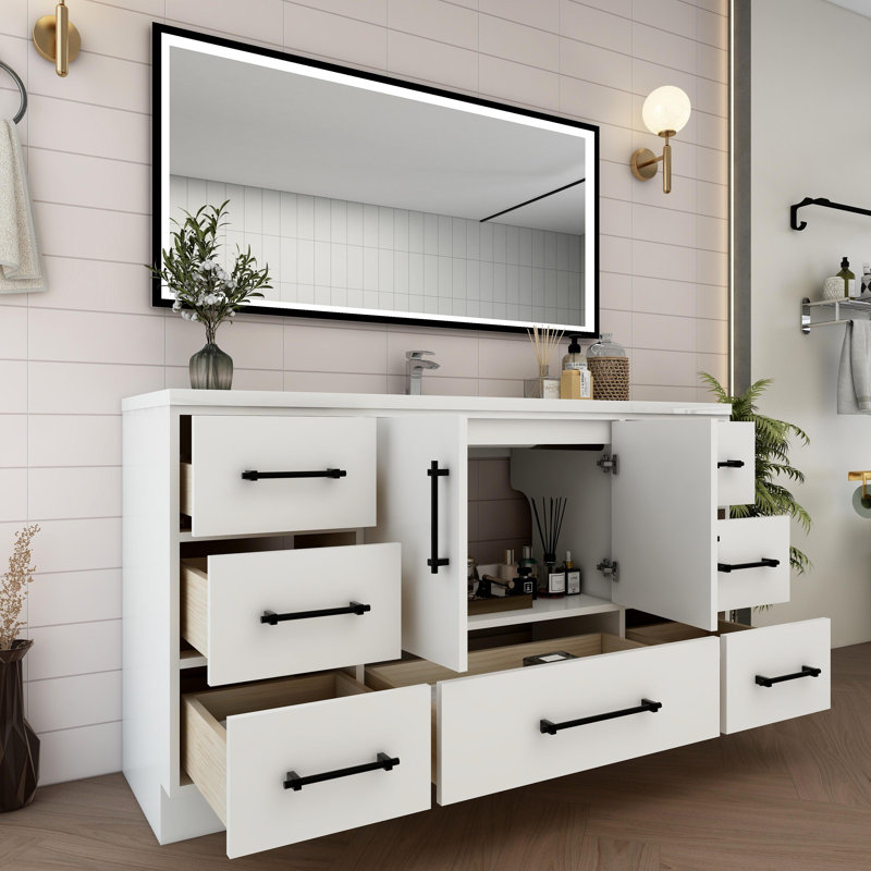 Meuble-lavabo simple 58,9 po avec plateau en acrylique Victoria, Blanc lustré