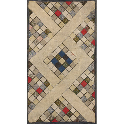 Antique Geometric Folk Art Design American Hooked Rug