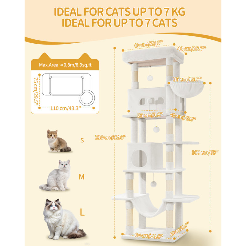 Cat Tree for Indoor Cats, Large Tall Cat Tower, Multi-Level Cats House with Condo, 8 Scratching Posts, Hammock, 4 Pom Poms