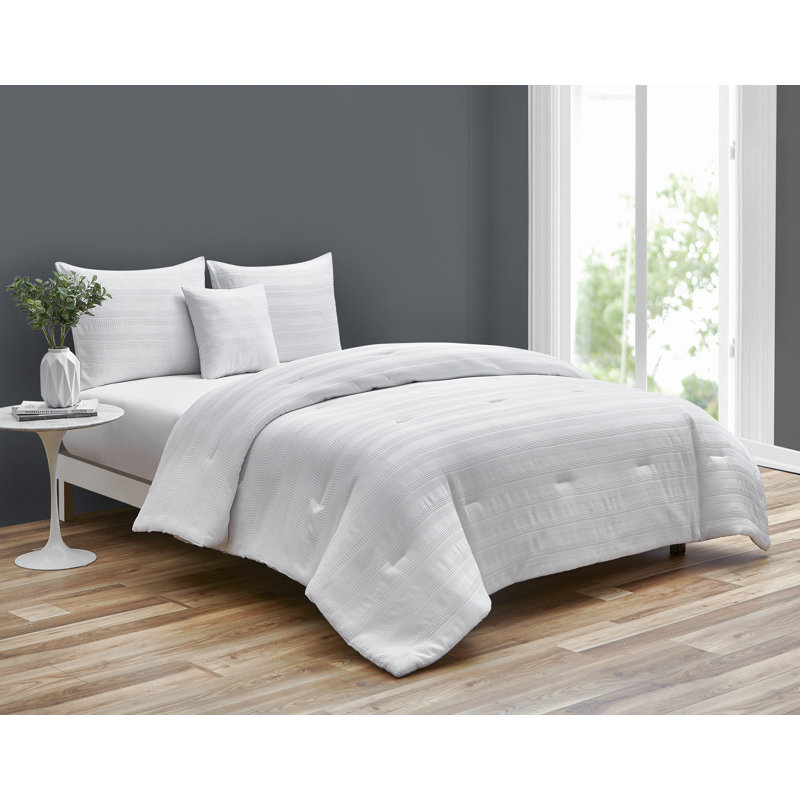 Maran Waffle 4 Piece Comforter Set, Queen Comforter  + 2 Shams + 1 Throw Pillow, White