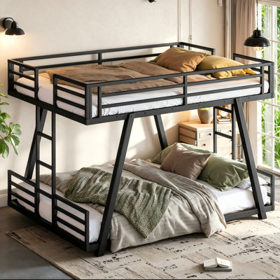 Lit superposé grand sur grand avec 2 échelles latérales, lit superposé en métal avec pieds de support spéciaux, lit superposé robuste pour adolescents, adultes, enfants, noir