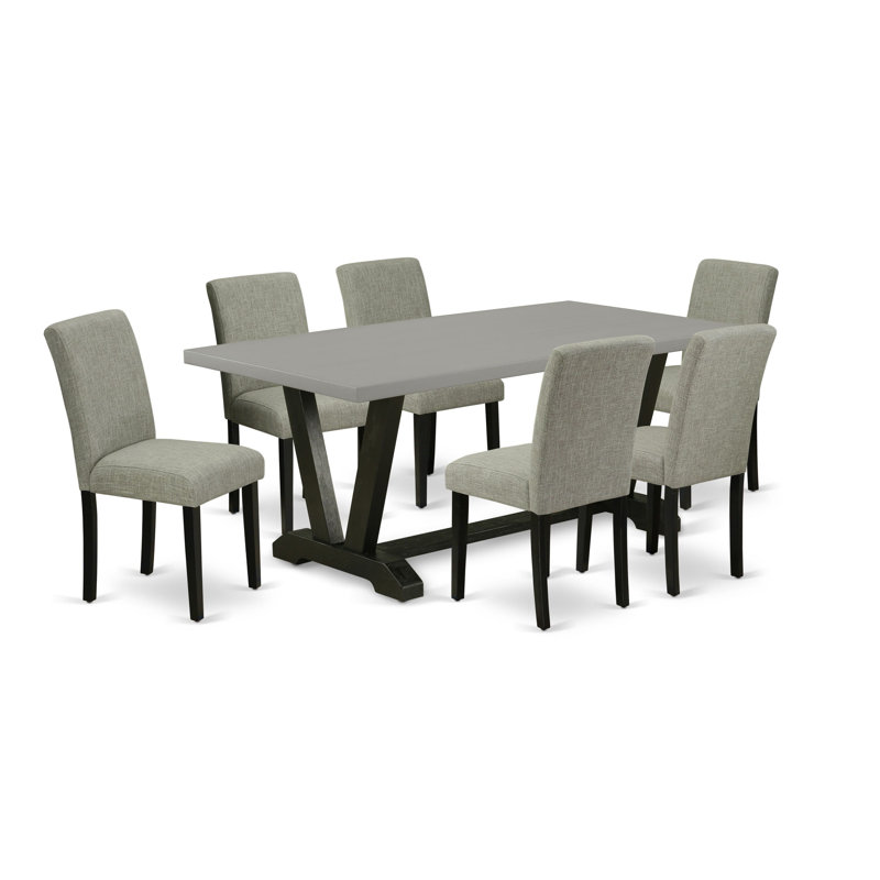 Ensemble de table de salle à manger 7 pièces - 6 chaises Parson rembourrées Shitake, dossier de chaise haute et table de cuisine en ciment - Finition noire brossée