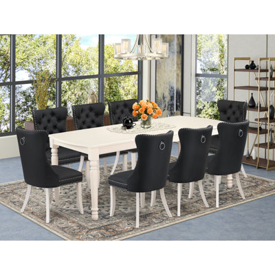 L'ensemble de 9 pièces de coin-repas comprend une table de salle à manger rectangulaire avec feuille papillon et 8 chaises rembourrées en tissu de polyester, lin blanc
